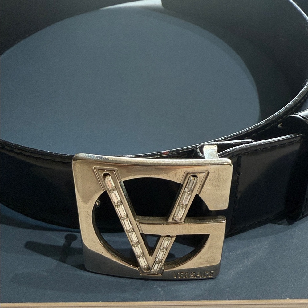 Vintage Versace Black Leather Belt with Silver embellishment Buckle